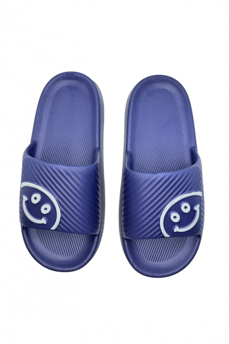 Papuci de plaja sau piscina pentru barbati, Tecos®, albastru, marimea 42-43, 27 centimetri, usori, confortabili, imprimeu HAPPY FACE [5]