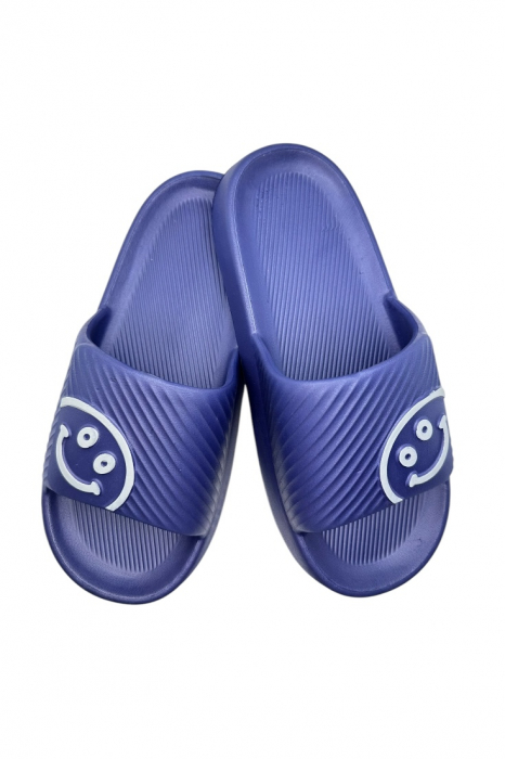 Papuci de plaja sau piscina pentru barbati, Tecos®, albastru, marimea 42-43, 27 centimetri, usori, confortabili, imprimeu HAPPY FACE [1]