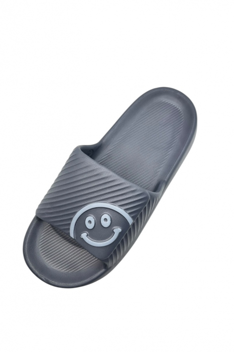 Papuci de plaja sau piscina pentru barbati, Tecos®, gri, marimea 42-43, 27 centimetri, usori, confortabili, imprimeu HAPPY FACE [3]