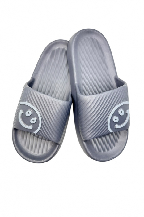 Papuci de plaja sau piscina pentru barbati, Tecos®, gri, marimea 42-43, 27 centimetri, usori, confortabili, imprimeu HAPPY FACE [1]