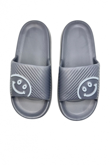 Papuci de plaja sau piscina pentru barbati, Tecos®, gri, marimea 42-43, 27 centimetri, usori, confortabili, imprimeu HAPPY FACE [5]