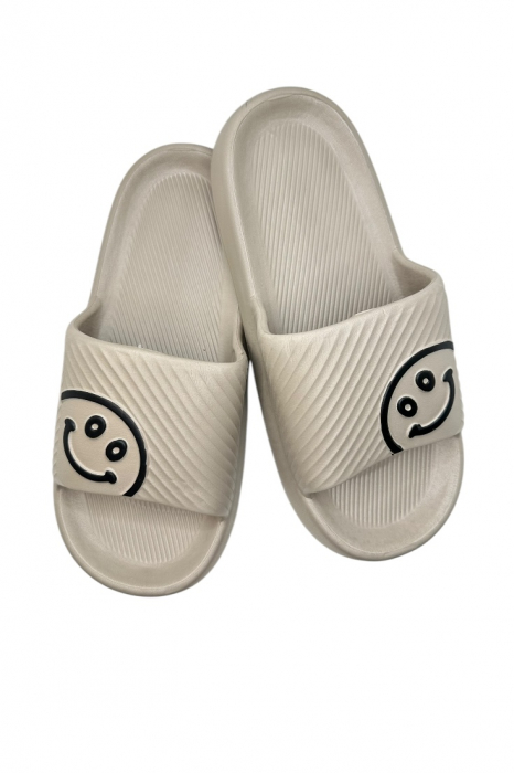 Papuci de plaja sau piscina pentru barbati, Tecos®, maro, marimea 42-43, 27 centimetri, usori, confortabili, imprimeu HAPPY FACE [1]