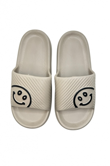Papuci de plaja sau piscina pentru barbati, Tecos®, maro, marimea 42-43, 27 centimetri, usori, confortabili, imprimeu HAPPY FACE [6]