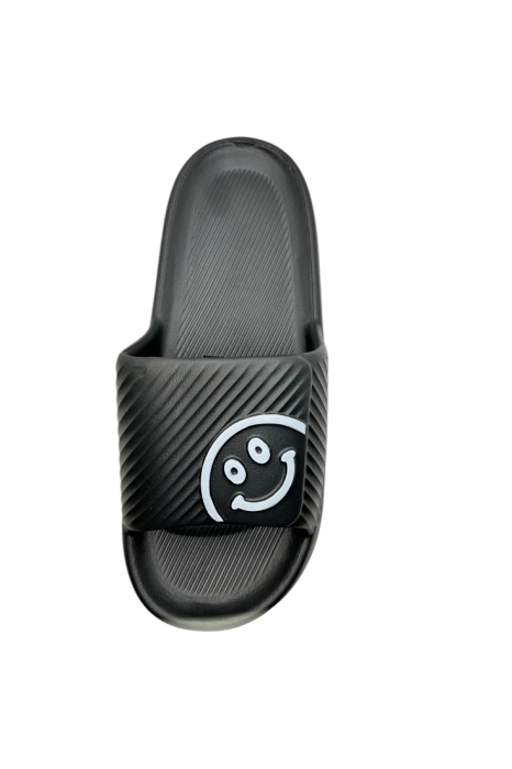 Papuci de plaja sau piscina pentru barbati, Tecos®, negru, marimea 42-43, 27 centimetri, usori, confortabili, imprimeu HAPPY FACE [3]