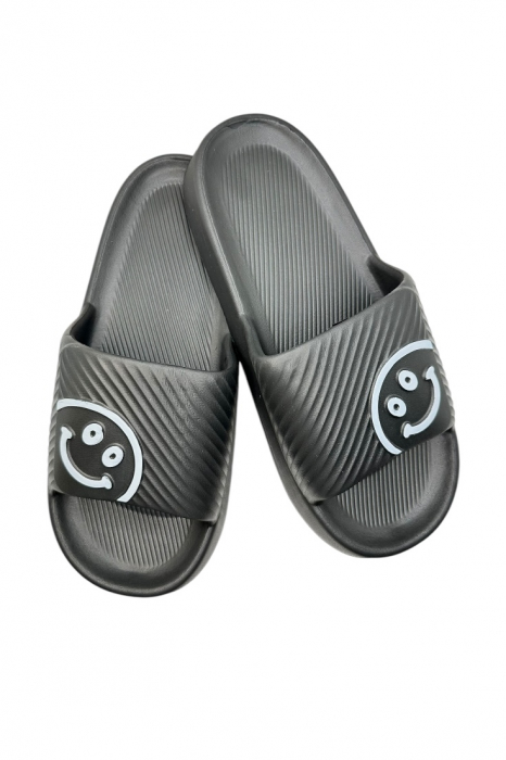 Papuci de plaja sau piscina pentru barbati, Tecos®, negru, marimea 42-43, 27 centimetri, usori, confortabili, imprimeu HAPPY FACE [1]