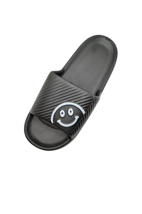 Papuci de plaja sau piscina pentru barbati, Tecos®, negru, marimea 42-43, 27 centimetri, usori, confortabili, imprimeu HAPPY FACE [5]