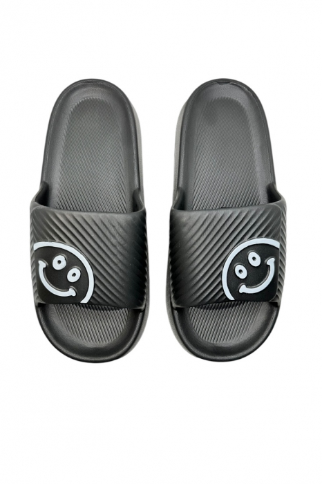 Papuci de plaja sau piscina pentru barbati, Tecos®, negru, marimea 42-43, 27 centimetri, usori, confortabili, imprimeu HAPPY FACE [6]