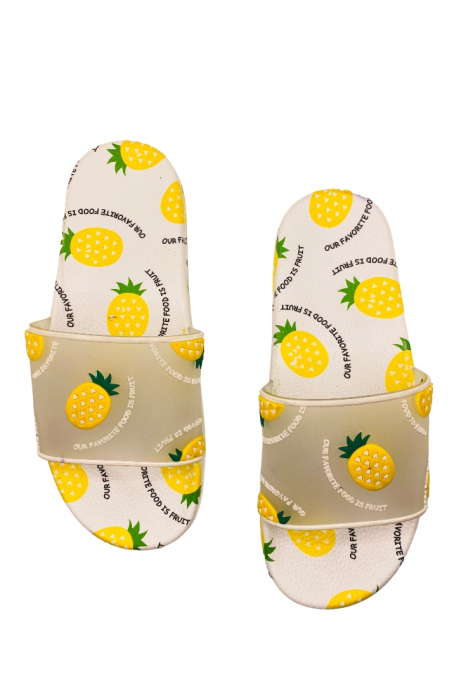 Papuci de plaja sau piscina pentru dama, imprimeu cu ananas, albi cu galben, mărime 36-37, 23.5 centimetri [5]