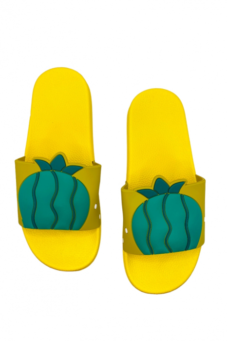Papuci de plaja sau piscina pentru dama, TECOS, imprimeu ananas, galben, mărime 36-37, 23.5 centimetri [6]