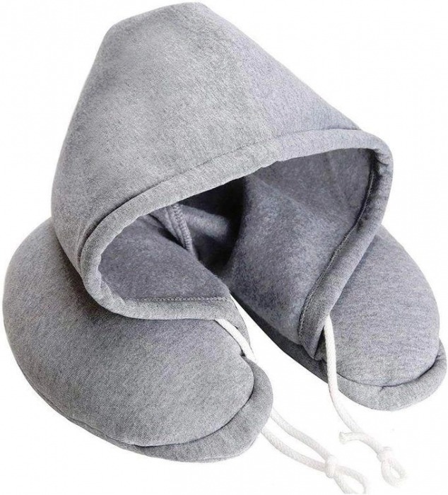 Perna de voiaj pentru gat cu gluga, Cracos, anatomica, spuma de memorie cu husa detasabila, accesoriu de calatorie, birou sau masina, 30x28 cm, gri [1]