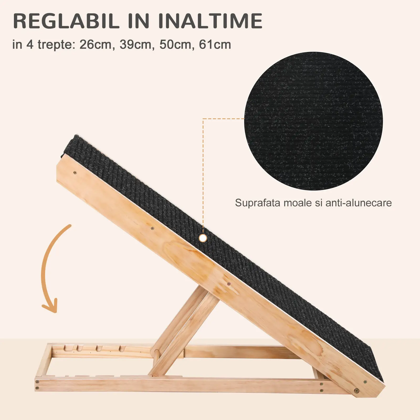 Rampa pliabila din lemn de pin pentru caini sau pisici, Cracos®, reglabila pe 4 niveluri, lungime 100cm, inaltime maxima 60 cm, latime: 40 cm, antiderapanta, cu manere de ghidaj, acces canapea, pat s [4]