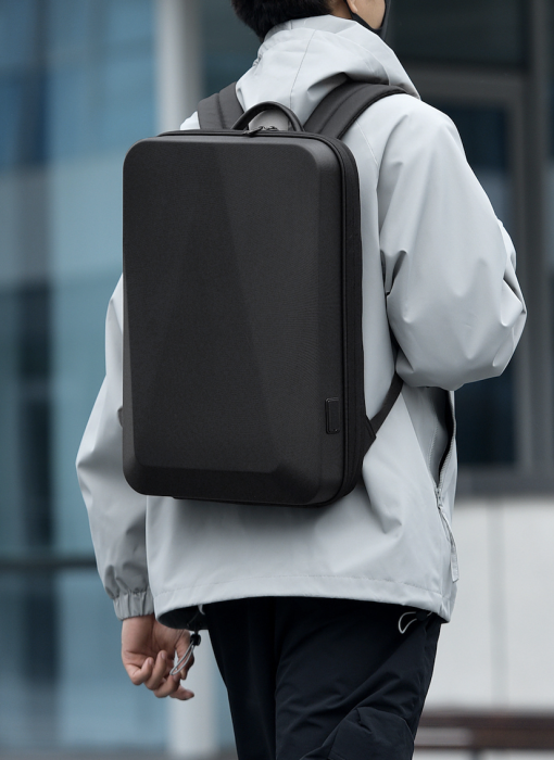 Rucsac business antifurt pentru laptop 15.6", Cracos®, carcasa dura impermeabila, cu port de incarcare USB, 45X9X30 cm, expandabila cu 6 cm, negru [10]