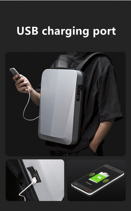 Rucsac business antifurt pentru laptop 15.6", Tecos, carcasa dură impermeabilă, cu port de încărcare USB și sistem antifurt, 45X8X30 centimetri, negru [5]