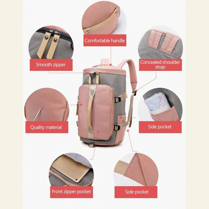 Rucsac multifunctional, Cracos, dimensiuni 45x25x26 centimetri, compartiment pentru incaltaminte si accesorii umede, capacitate 35L, roz [8]