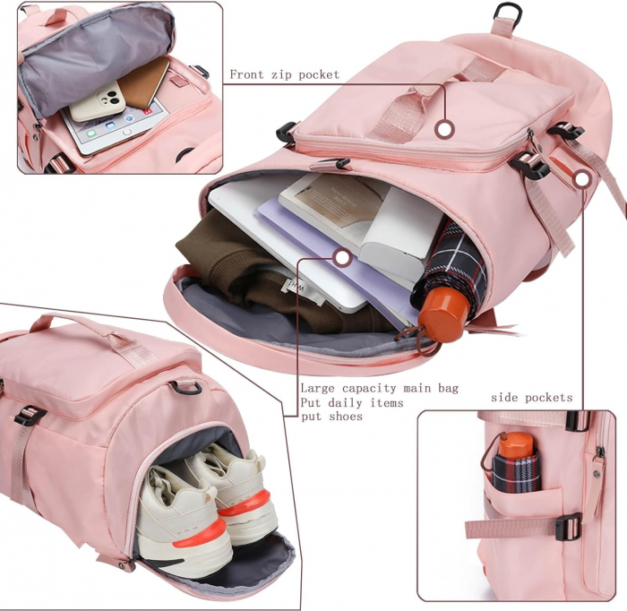 Rucsac multifunctional, Cracos, dimensiuni 45x25x26 centimetri, compartiment pentru incaltaminte si accesorii umede, capacitate 35L, roz [9]