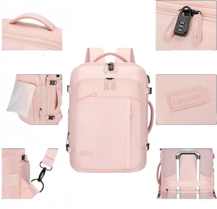 Rucsac Multifunctional Cracos®, roz , 33x21x52 cm, 36-55L, impermeabil, organizatoare bagaje si saculet incaltaminte incluse, ideal pentru vacanta, calatorit sau transport [2]