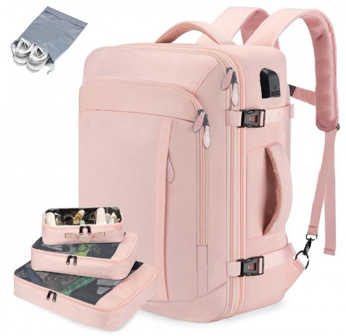 Rucsac Multifunctional Cracos®, roz , 33x21x52 cm, 36-55L, impermeabil, organizatoare bagaje si saculet incaltaminte incluse, ideal pentru vacanta, calatorit sau transport [1]