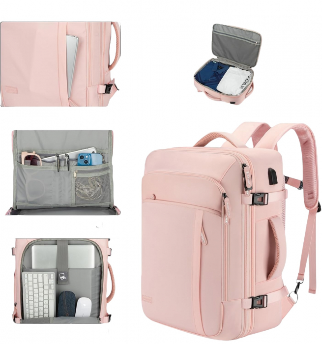 Rucsac Multifunctional Cracos®, roz , 33x21x52 cm, 36-55L, impermeabil, organizatoare bagaje si saculet incaltaminte incluse, ideal pentru vacanta, calatorit sau transport [3]
