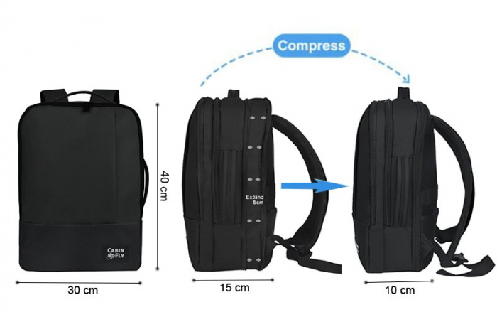 Rucsac pentru calatorii CabinFly Bellanca, poliester, negru, 40x30x10cm, extensibil pana la 40x30x15 cm, ideal ca bagaj de mana Lufthansa sau AirFrance [9]