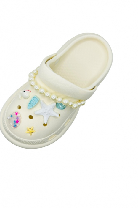 Saboti dama cu platforma, Tecos, alb, marime 40-41, accesorii detasabile, cu motive estivale, design modern cu sirag de perle, 25 centimetri [2]