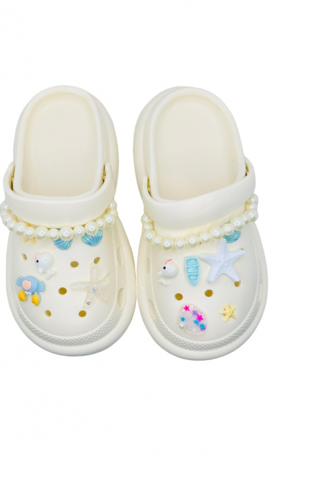 Saboti dama cu platforma, Tecos, alb, marime 40-41, accesorii detasabile, cu motive estivale, design modern cu sirag de perle, 25 centimetri [3]