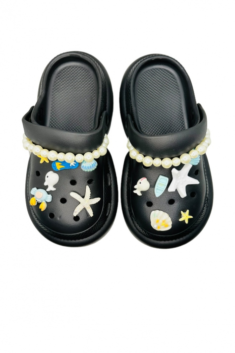 Saboti dama cu platforma, Tecos, negru, marime 40-41, accesorii detasabile, cu motive estivale, design modern cu sirag de perle, 25 centimetri [4]