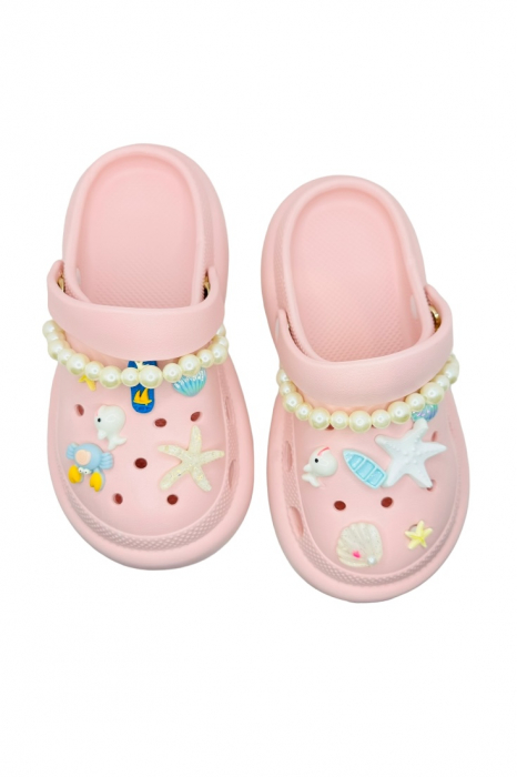 Saboti dama cu platforma, Tecos, roz, marime 36-37, accesorii detasabile, cu motive estivale, design modern cu sirag de perle, 23 centimetri [4]
