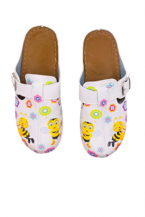 Saboti medicali pentru dama, Tecos, tip sanitari, alb cu imprimeu albinute, marime 37, 23 centimetri [6]