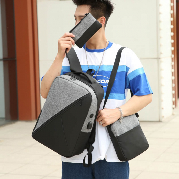 Set calatorie, rucsac, geanta si plic pentru adulti, 3 in 1, cablu USB, rezistent la apa, 2 culori, gri si negru [7]