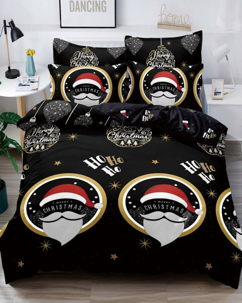 Set Lenjerie de pat cu 6 piese pentru 2 persoane, Tecos, pilota 200x230 cm, cearceaf cu elastic 230X250 cm, bumbac finet, negru cu motive de Craciun [1]