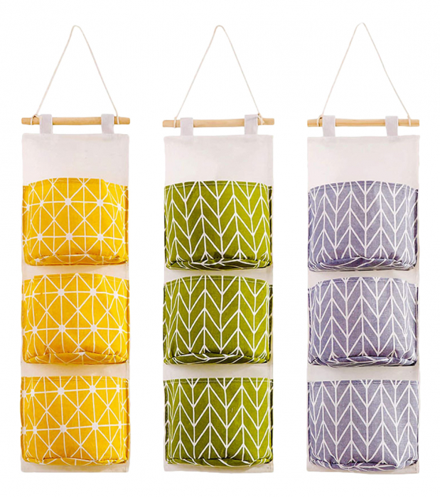 Set organizator suspendat pentru baie, 3 rafturi textile, culoare gri, galben, verde, 3 bucati [2]