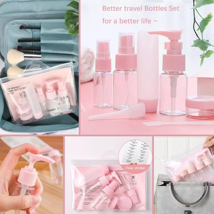 Set recipiente pentru cosmetice, Tecos, material plastic, roz, 9 piese, ideale pentru trusa de calatorii [2]