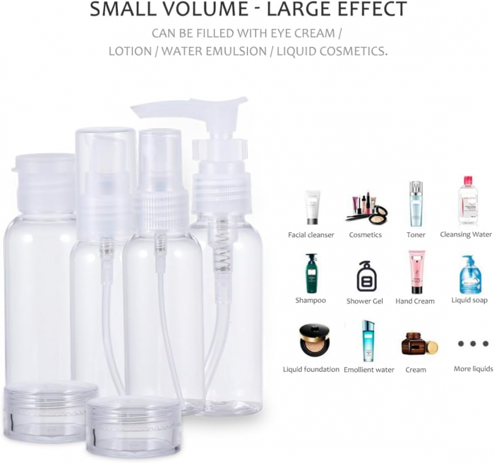 Set recipiente pentru cosmetice, Tecos, material plastic, transparent, 9 piese, ideale pentru trusa de calatorii [3]