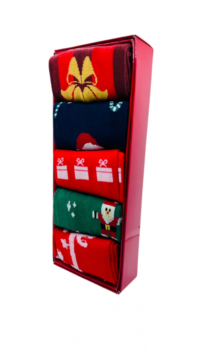 Set sosete de barbati, cu design de sarbatori, Tecos®, marime 40-45, ambalate in cutie cadou, ideale pentru Sarbatorile de iarna, 5 perechi diverse [5]