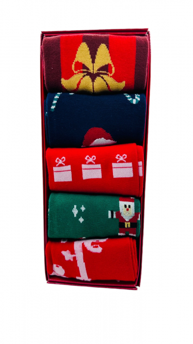 Set sosete de barbati, cu design de sarbatori, Tecos®, marime 40-45, ambalate in cutie cadou, ideale pentru Sarbatorile de iarna, 5 perechi diverse [6]