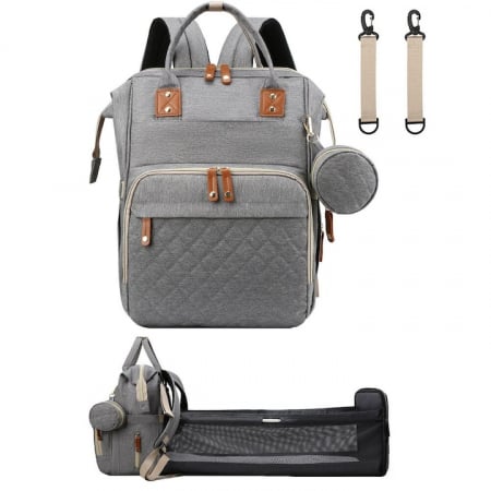 Rucsacuri - Geantă de voiaj tip rucsac Mommy Bag Cracos – pat portabil & saltea de înfășat, gri