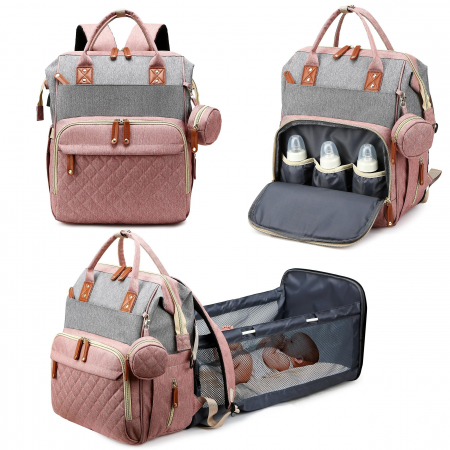 Rucsacuri - Geanta de voiaj tip rucsac multifunctional Mommy Bag, Cracos®, pentru mamici si bebelusi, material rezistent la apa, pat cu saltea de infasat, 42x30x18 cm, roz