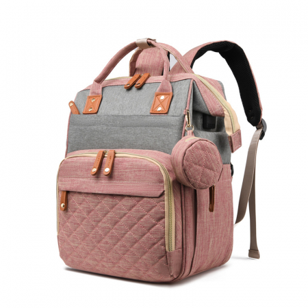 Geanta de voiaj tip rucsac multifunctional Mommy Bag, Cracos®, pentru mamici si bebelusi, material rezistent la apa, pat cu saltea de infasat, 42x30x18 cm, roz [1]