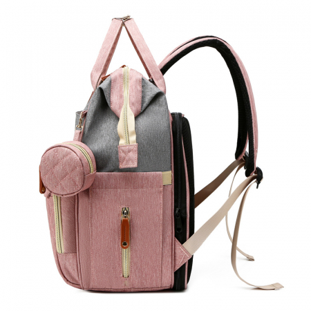Geanta de voiaj tip rucsac multifunctional Mommy Bag, Cracos®, pentru mamici si bebelusi, material rezistent la apa, pat cu saltea de infasat, 42x30x18 cm, roz [4]