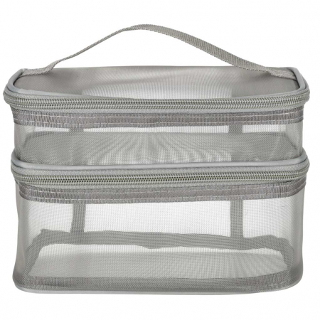 Organizatoare bagaje - Geanta organizatoare cosmetice si parfumuri, Tecos, cu maner, ideala pentru travel sau bagaj de cala, gri, 2 compartimente