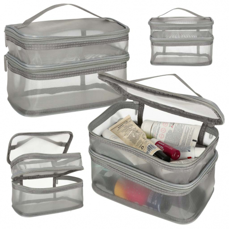Geanta organizatoare cosmetice si parfumuri, Tecos, cu maner, ideala pentru travel sau bagaj de cala, gri, 2 compartimente [6]