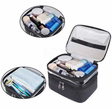 Geanta organizatoare cosmetice si parfumuri, Tecos, cu maner, ideala pentru travel sau bagaj de cala, verde jad, 2 compartimente [1]