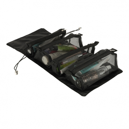 Portfarduri si genti cosmetice - Geanta organizatoare cosmetice si parfumuri, Tecos, ideala pentru travel sau bagaj de cala, negru, 4 compartimente detasabile