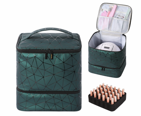 Geanta premium pentru depozitarea si transportul setului de unghii cu lampa UV si accesorii, Tecos®, verde, dimensiuni 24x23x15 cm, 2 compartimente, ideala pentru nail artist [8]