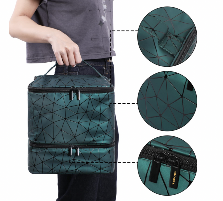 Geanta premium pentru depozitarea si transportul setului de unghii cu lampa UV si accesorii, Tecos®, verde, dimensiuni 24x23x15 cm, 2 compartimente, ideala pentru nail artist [9]