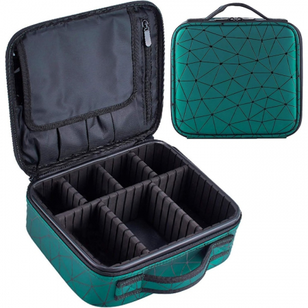 Portfarduri si genti cosmetice - Geanta premium pentru depozitarea si transportul trusei de machiaj si accesorii, Tecos®, verde, dimensiuni 25.5x22.5x9.5 cm, multiple compartimente, ideala pentru make-up artist