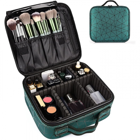 Geanta premium pentru depozitarea si transportul trusei de machiaj si accesorii, Tecos®, verde, dimensiuni 25.5x22.5x9.5 cm, multiple compartimente, ideala pentru make-up artist [1]