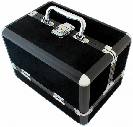 Organizatoare bagaje - Geanta profesionala pentru cosmetice sau depozitare, Tecos, negru cu insertii de aluminiu, dimensiuni 25 cm x 17 cm x 17 cm, 1 compartiment principal si 4 secundare, ideala pentru calatorii sau activi