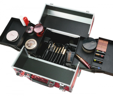 Geanta profesionala pentru cosmetice sau depozitare, Tecos®, rosu cu insertii de aluminiu, dimensiuni 30,5x20,5x25cm, 1 compartiment principal si 4 secundare, ideala pentru calatorii sau activitati pr [2]