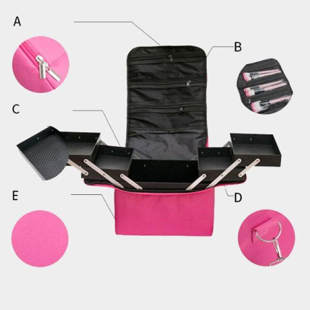 Trusă profesională de cosmetice roz cu sertare extensibile și compartimente – organizator make-up [3]